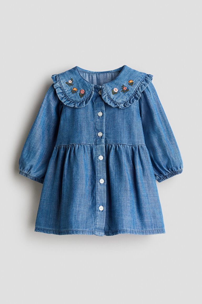 Embroidery-detail denim dress