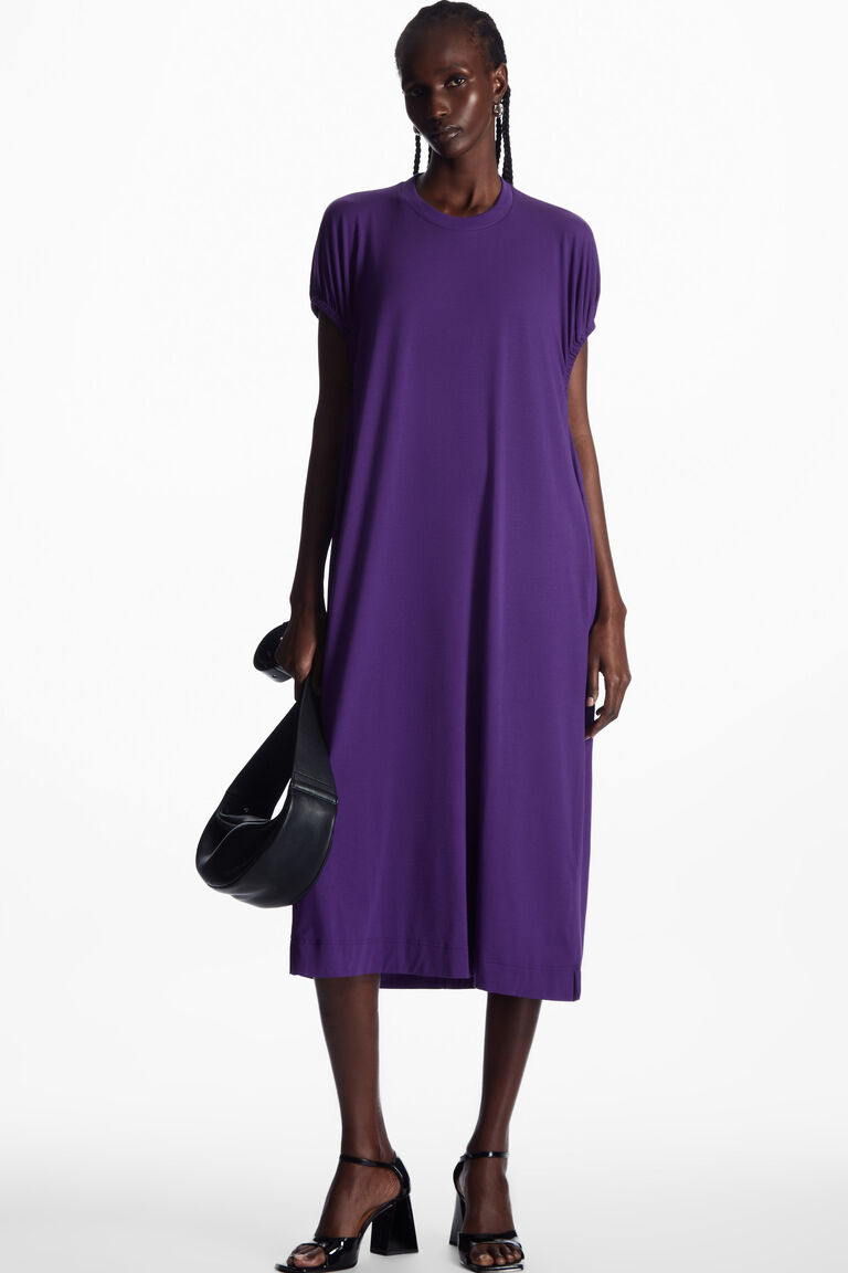 GATHERED-SLEEVE JERSEY MIDI DRESS