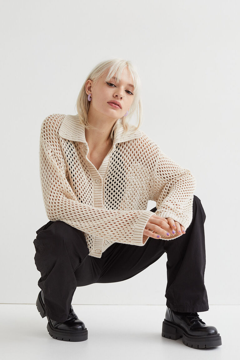 Collared meshknit cardigan