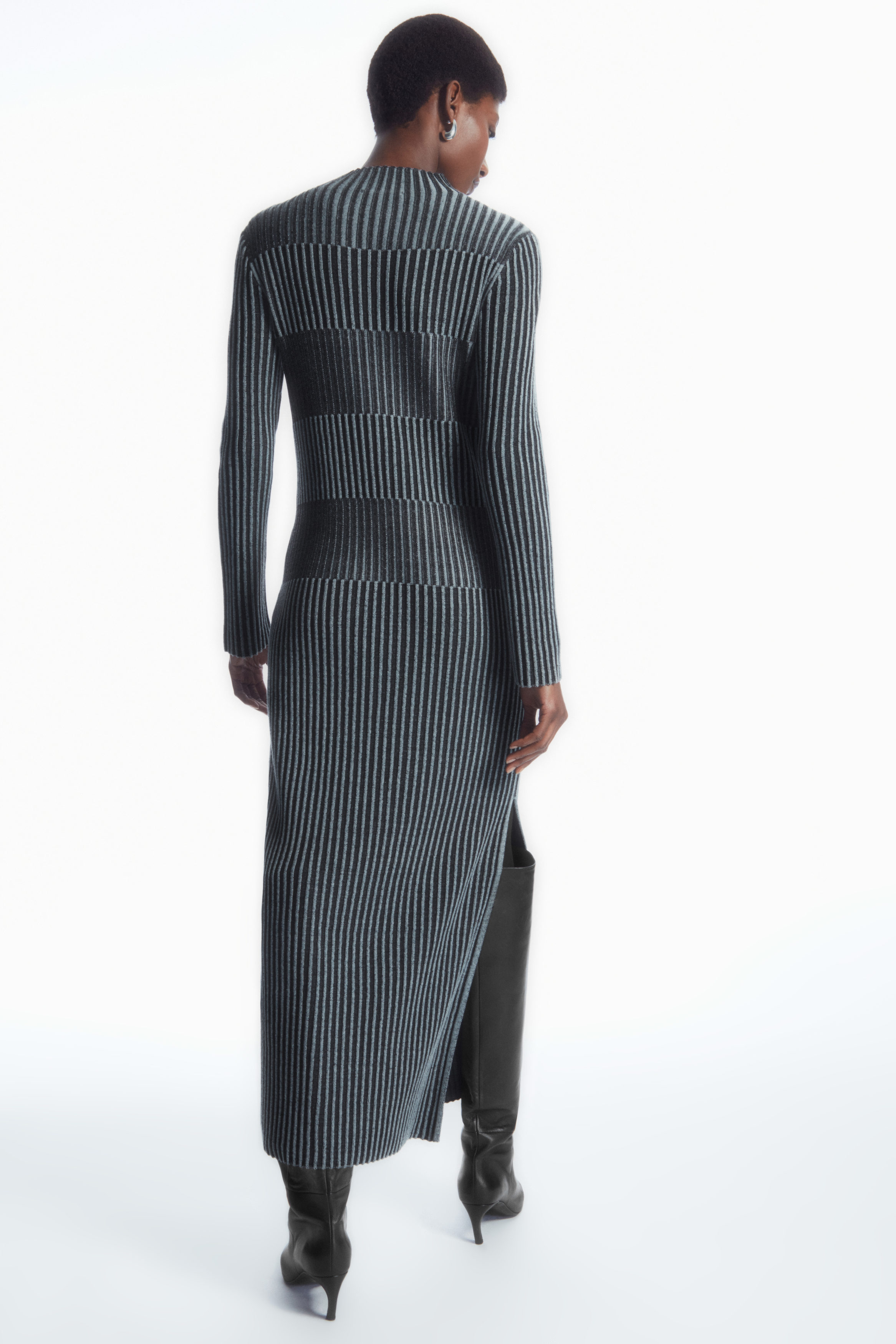 STRIPED RIBBED-KNIT MIDI DRESS