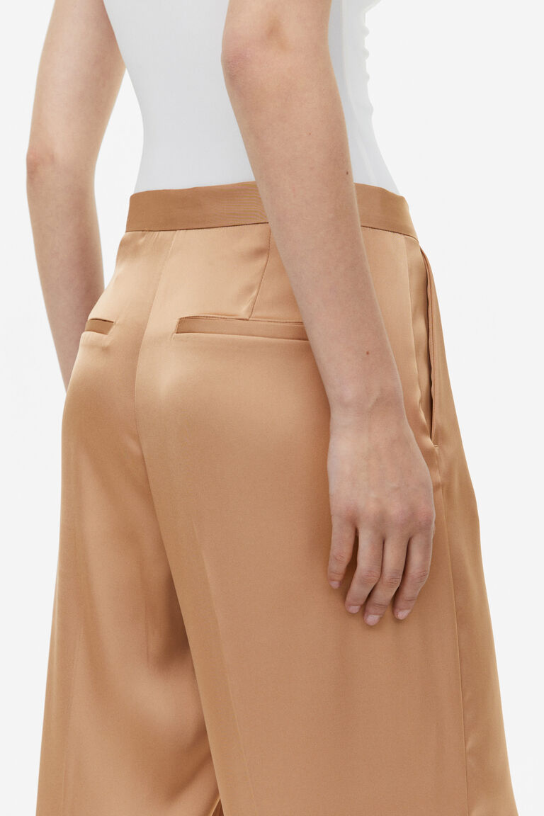 Beige Satin Wide Leg Fringe Trousers