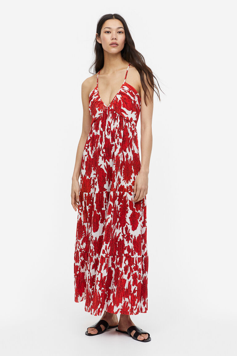 Red Floral Pleated Maxi Dress With Slit