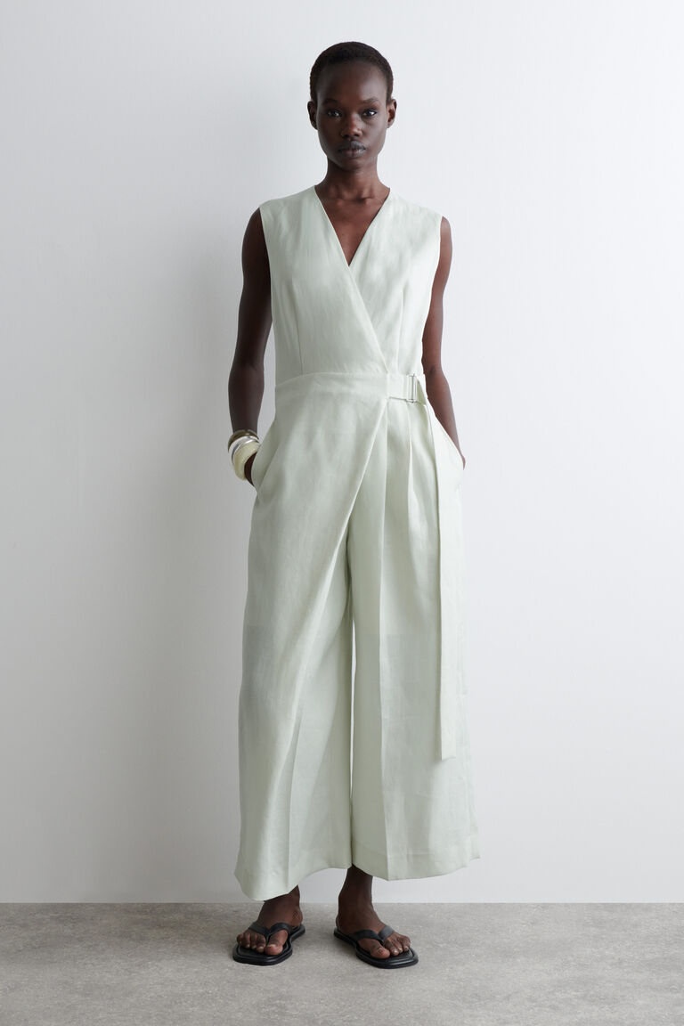 WRAP-FRONT LINEN JUMPSUIT