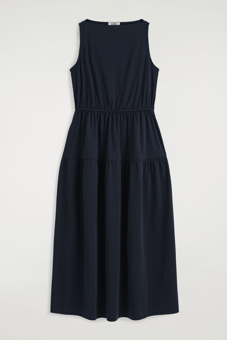 BOAT-NECK GATHERED MIDI DRESS