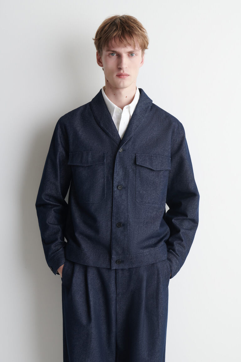 SHAWL-COLLAR DENIM-EFFECT OVERSHIRT