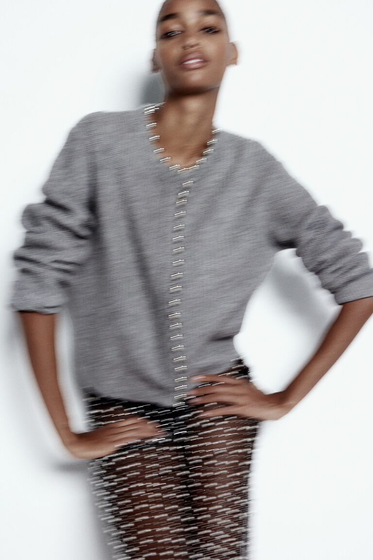 Embossed Rib Knit Bead-embellished rib-knit cardigan