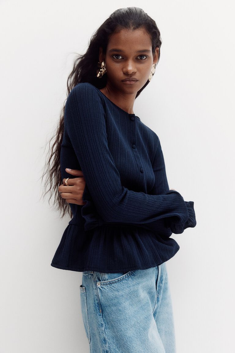 Rib-knit peplum cardigan