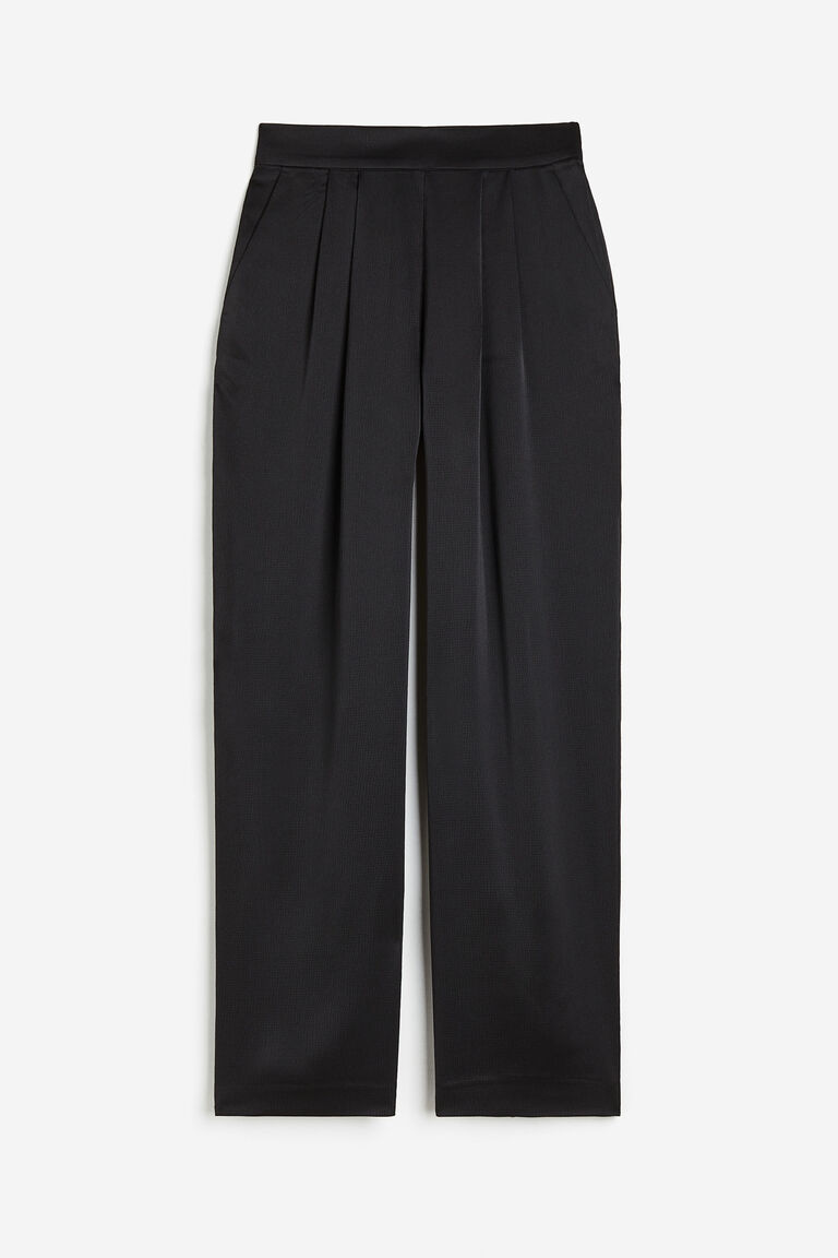 Boyfriend Style Satin Wide Legged Trousers in Black