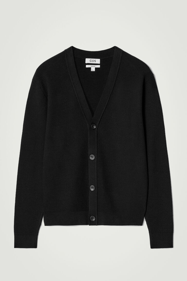 TEXTURED KNITTED COTTON V-NECK CARDIGAN