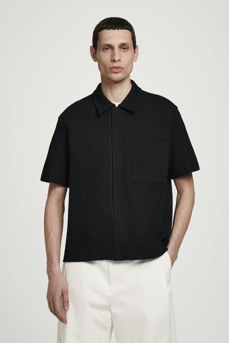 เสื้อเชิ้ตแขนสั้น ผ้าฝ้ายเจอร์ซีย์มีเท็กซ์เจอร์ มีซิปรูด