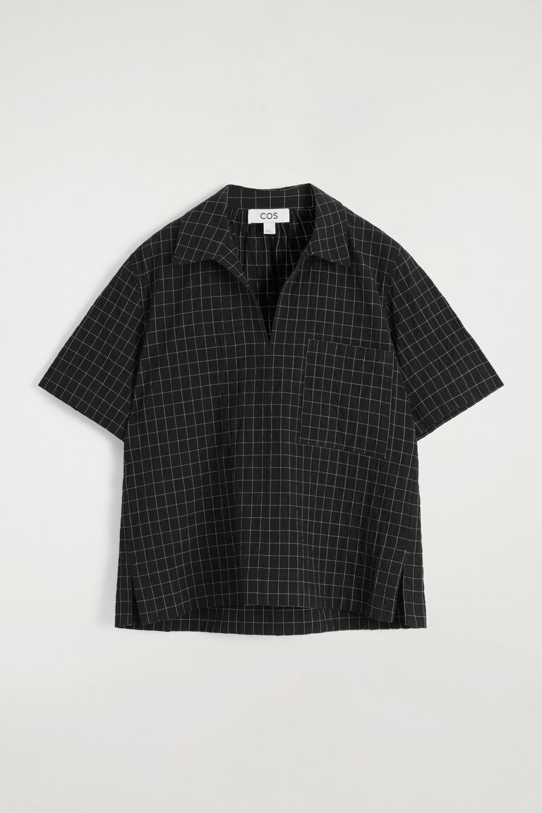 เสื้อเชิ้ตผ้าฝ้ายลายตาราง คอเปิด