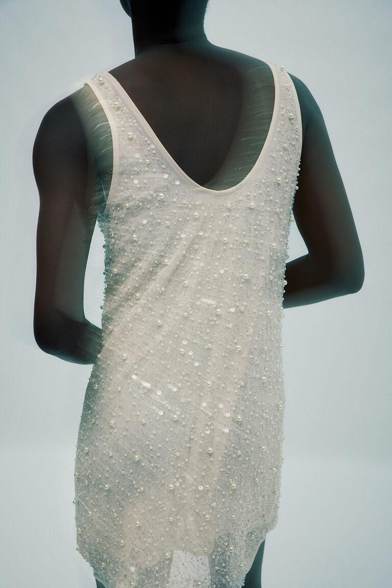 Pearl & Mirror Embellished Nude Mesh Mini Dress main image 1