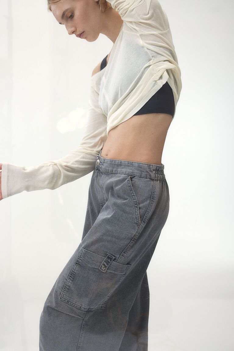 Denim parachute trousers