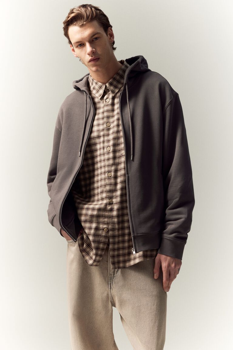 Grey Guys Tartan Letter Graphic Drawstring Hoodie Button Down