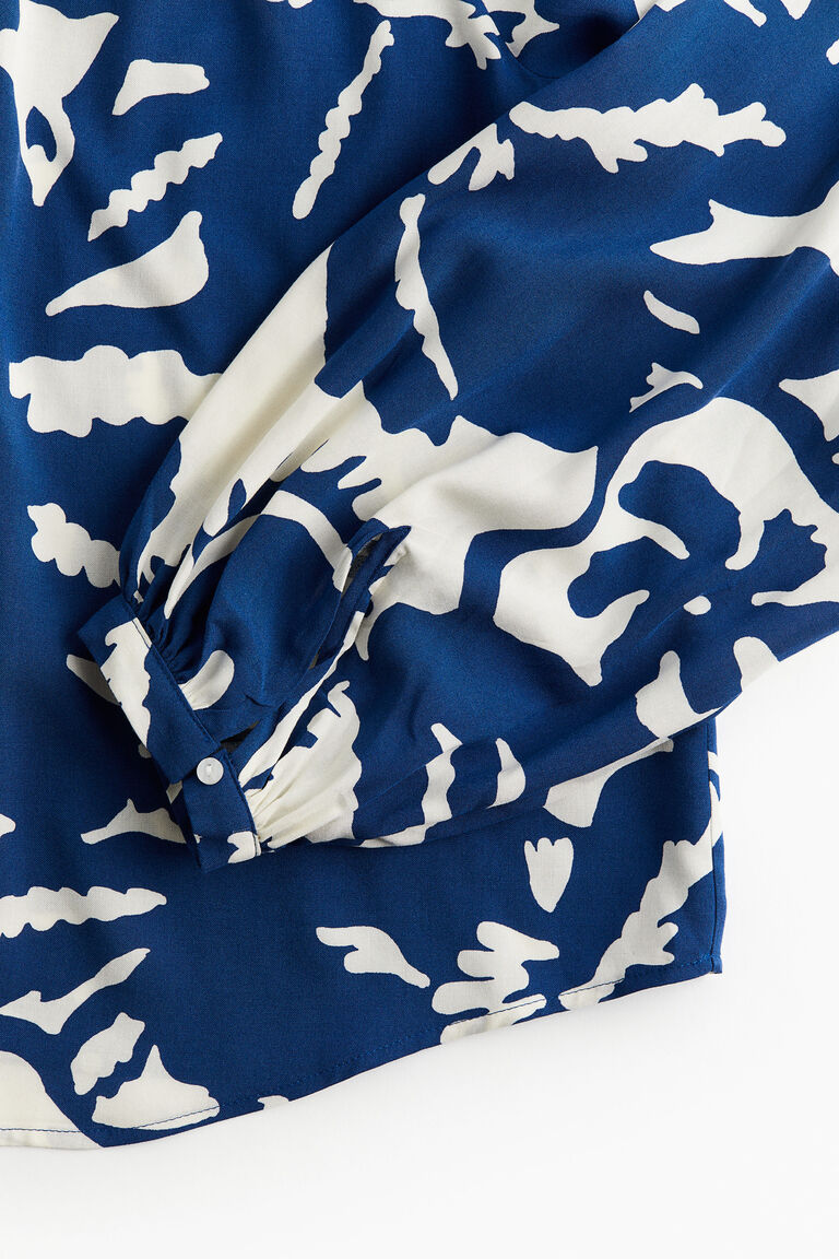 Balloon Sleeve Blouse Dark Blue Patterned