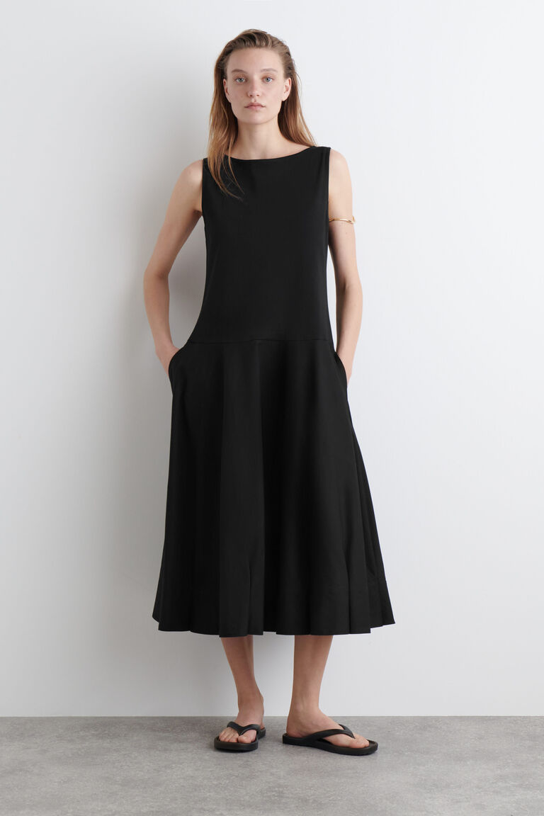 BOAT-NECK COTTON A-LINE MIDI DRESS