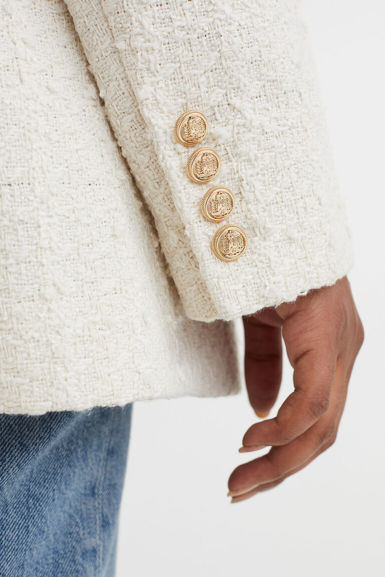 Elegant Cream Textured Blazer With Decorative Trim