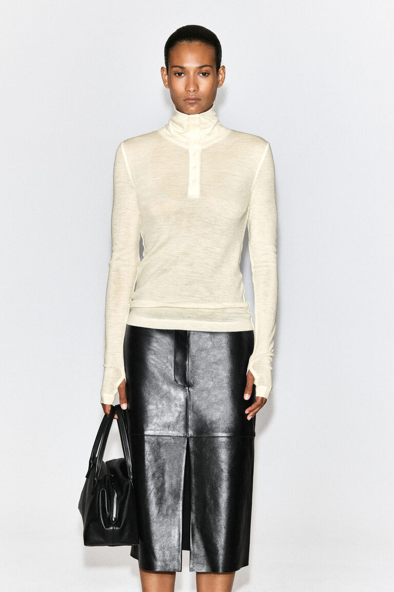MERINO WOOL BUTTONED FUNNEL-NECK TOP
