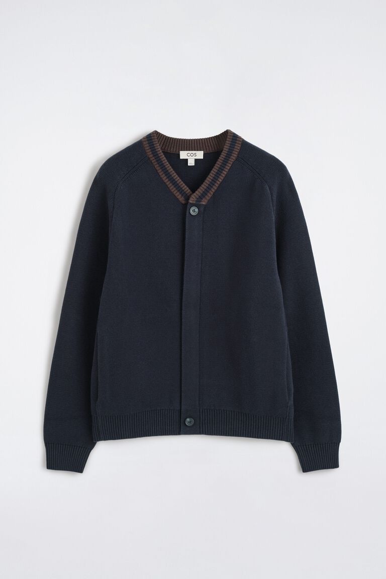 STRIPED-COLLAR COTTON-BLEND CARDIGAN