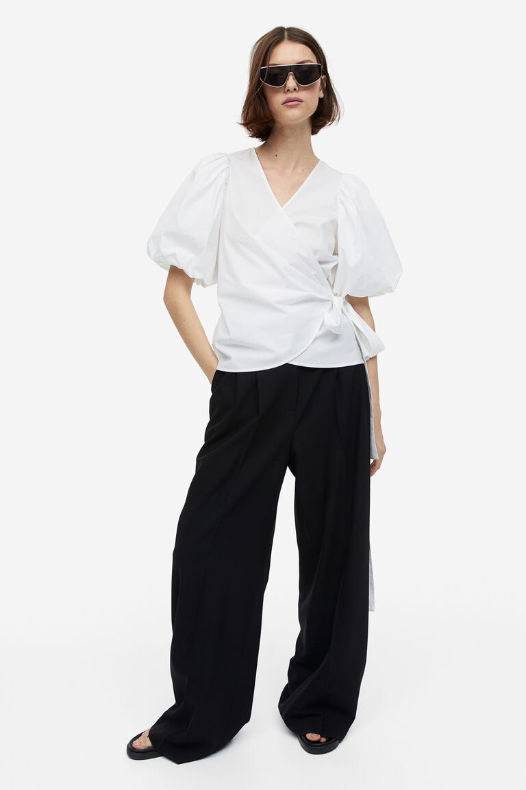 Balloon-sleeved wrap blouse
