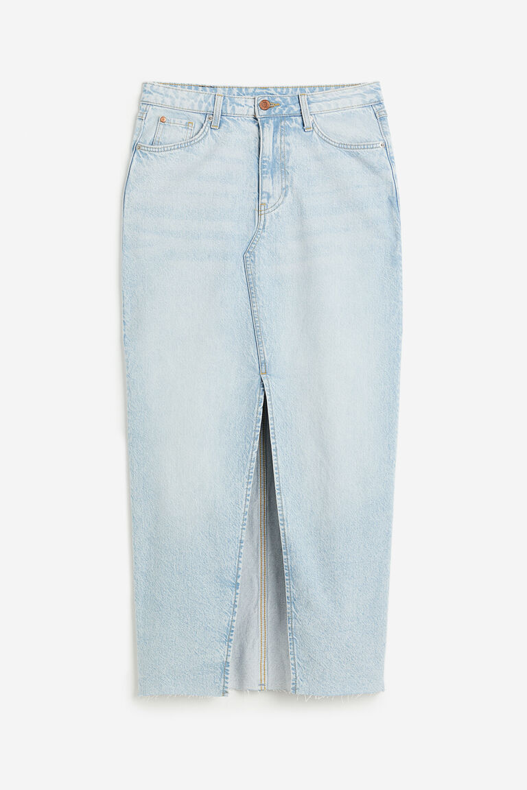 Raw Hem Slit Denim Skirt with Pockets