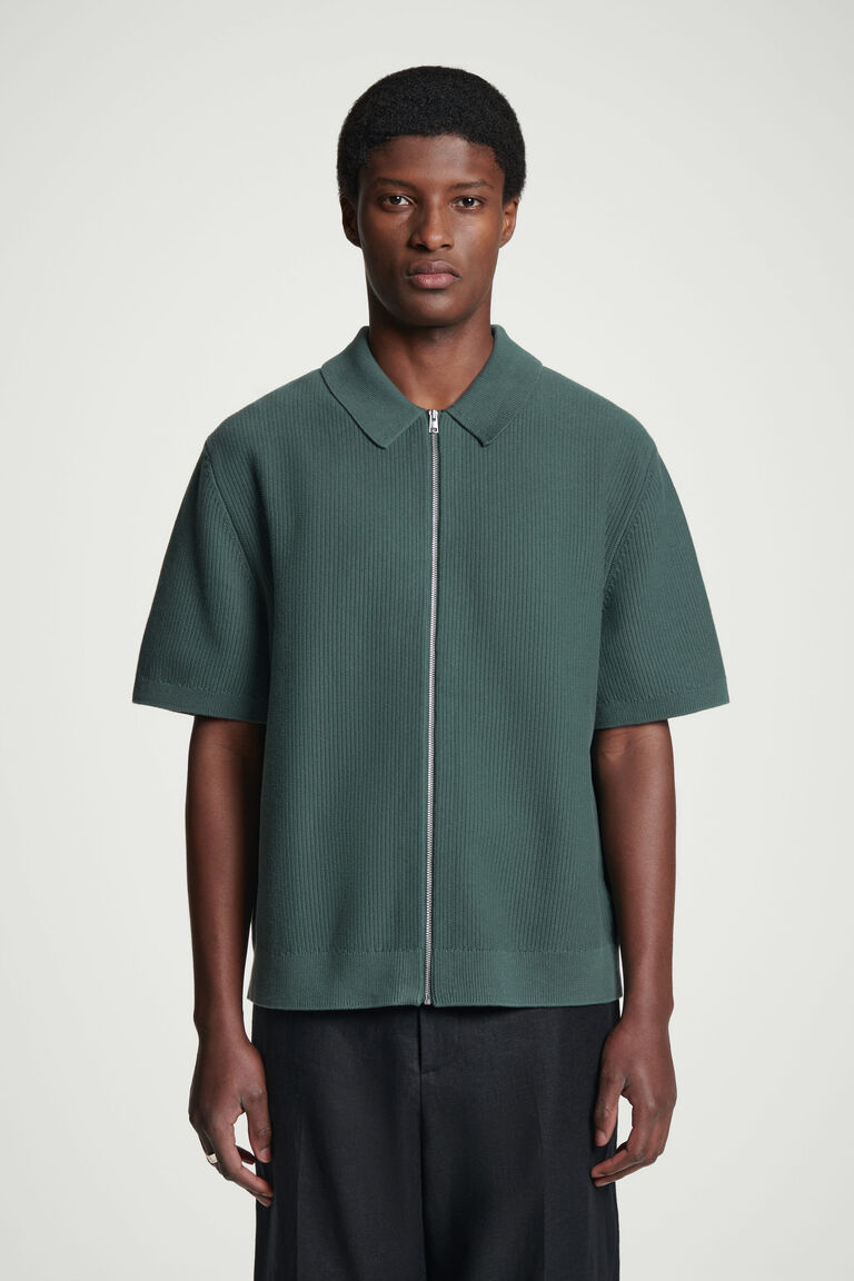 WAFFLE-KNIT COTTON ZIPPED SHIRT