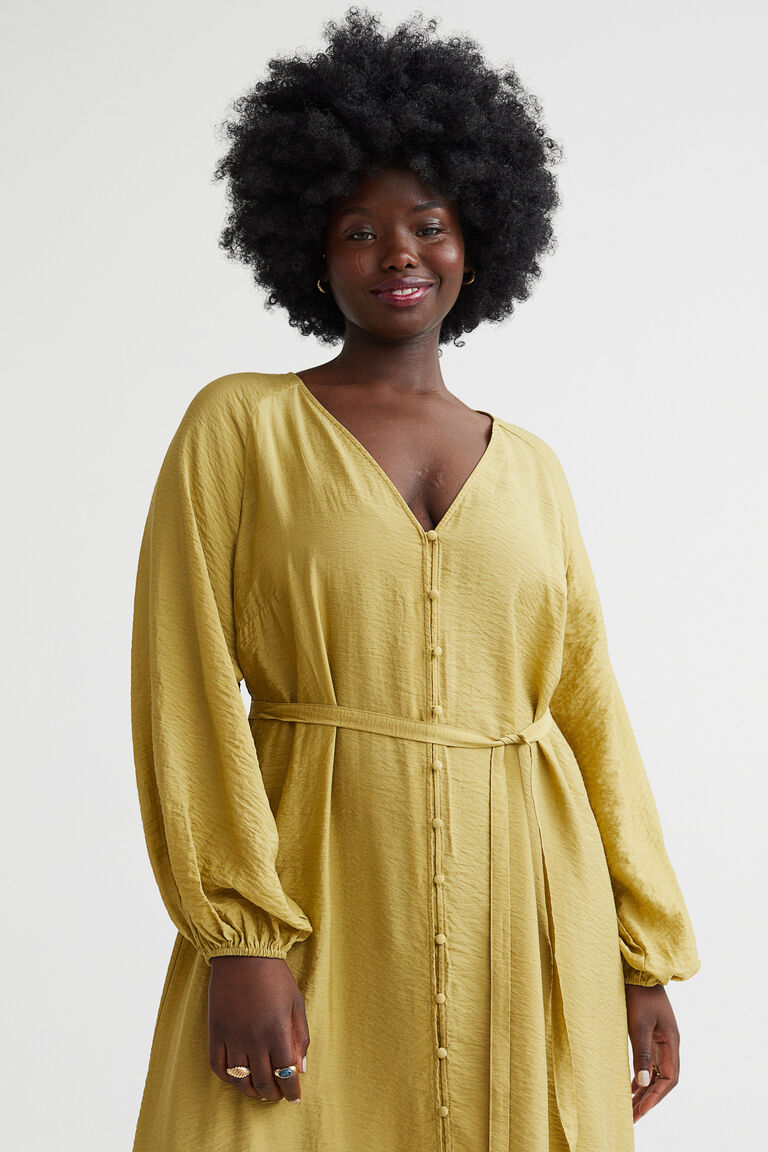 Printed Balloon Sleeve Tie Waist Dress