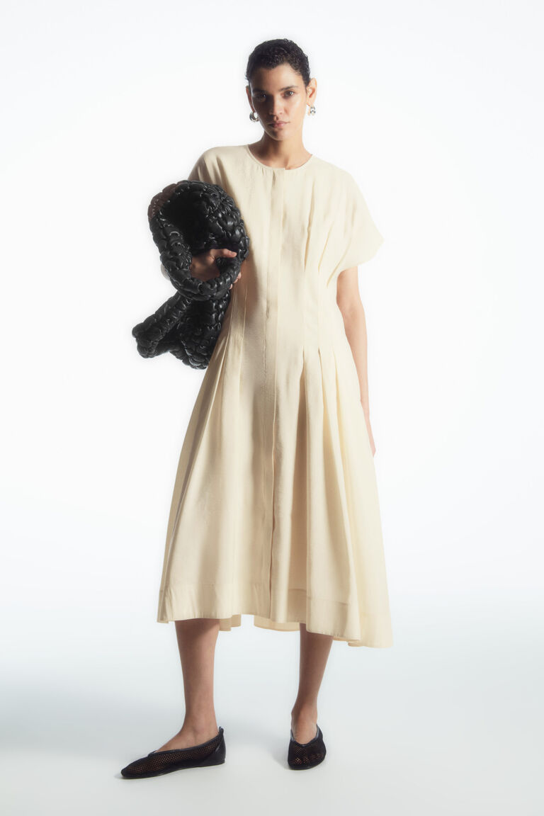WAISTED PLEATED MIDI DRESS