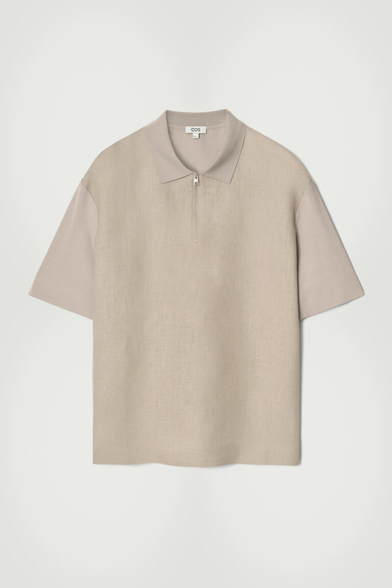 CONTRAST-PANEL LINEN HALF-ZIP POLO SHIRT