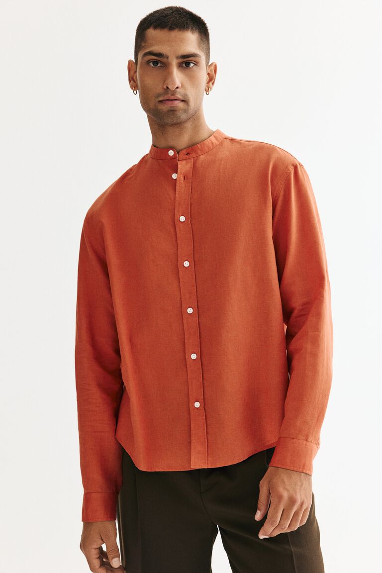 Regular Fit Linen-blend grandad shirt