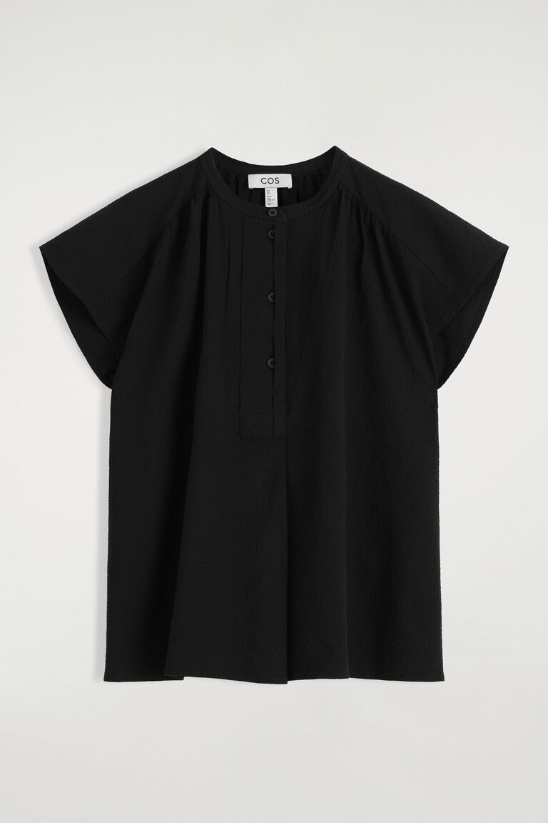 GATHERED GRANDAD-COLLAR BLOUSE