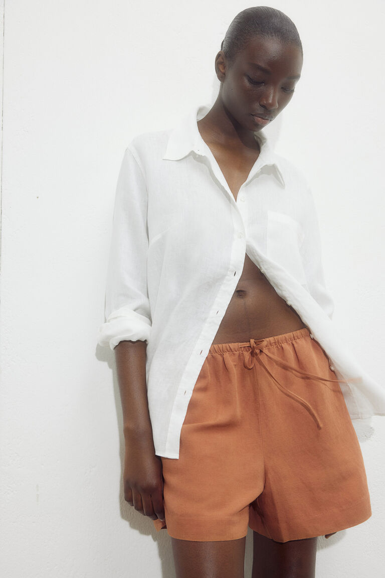 Brown linen blend short main image 1
