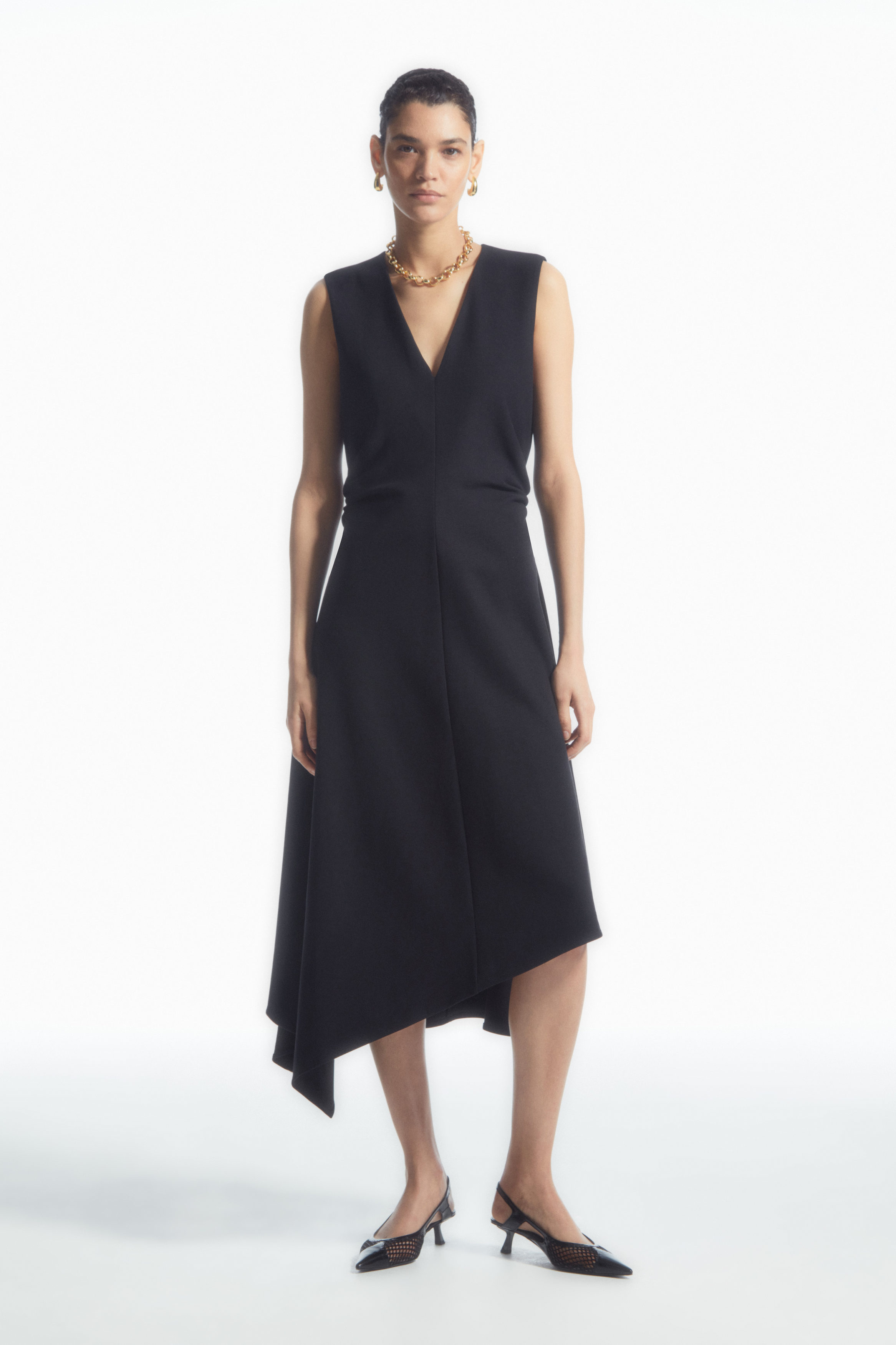 GATHERED ASYMMETRIC MIDI DRESS
