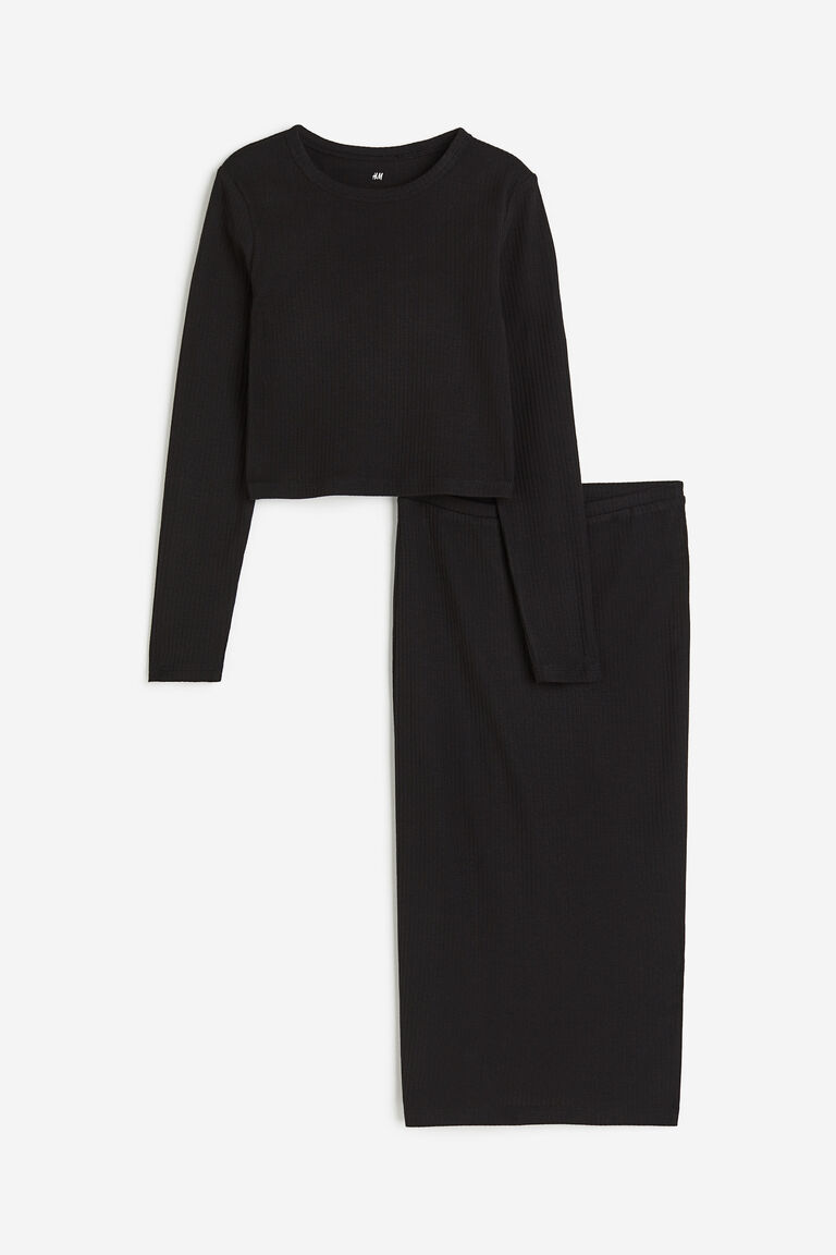 Two-Piece Set with Hooded Drape Top and High-Waisted Maxi Skirt - Black main image 1