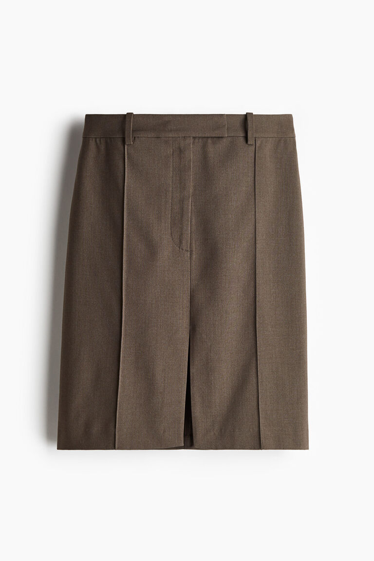 Knee Length Linen Blend Button Skirt Olive