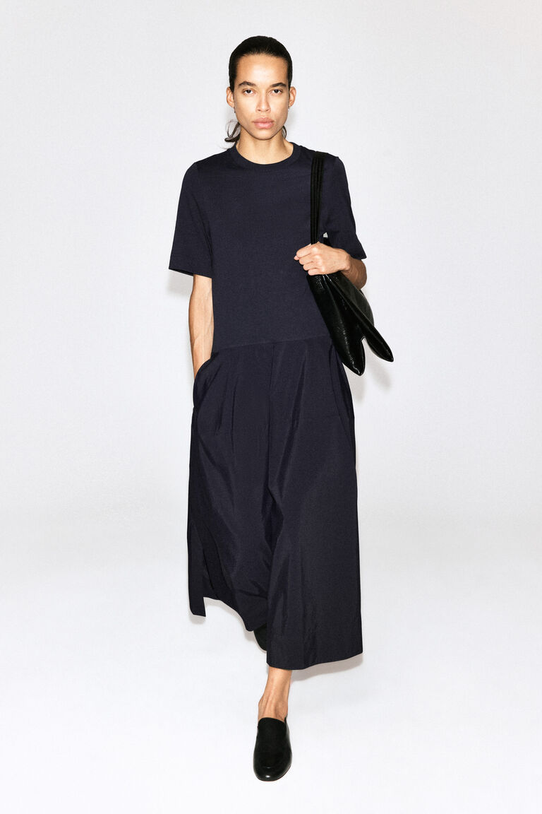 DROPPED-WAIST CONTRAST-PANEL MIDI DRESS