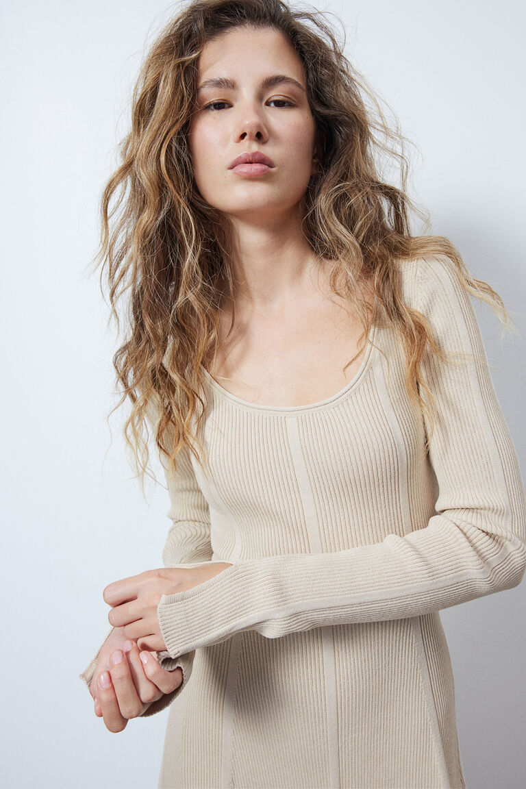 Flared-skirt rib-knit mini dress