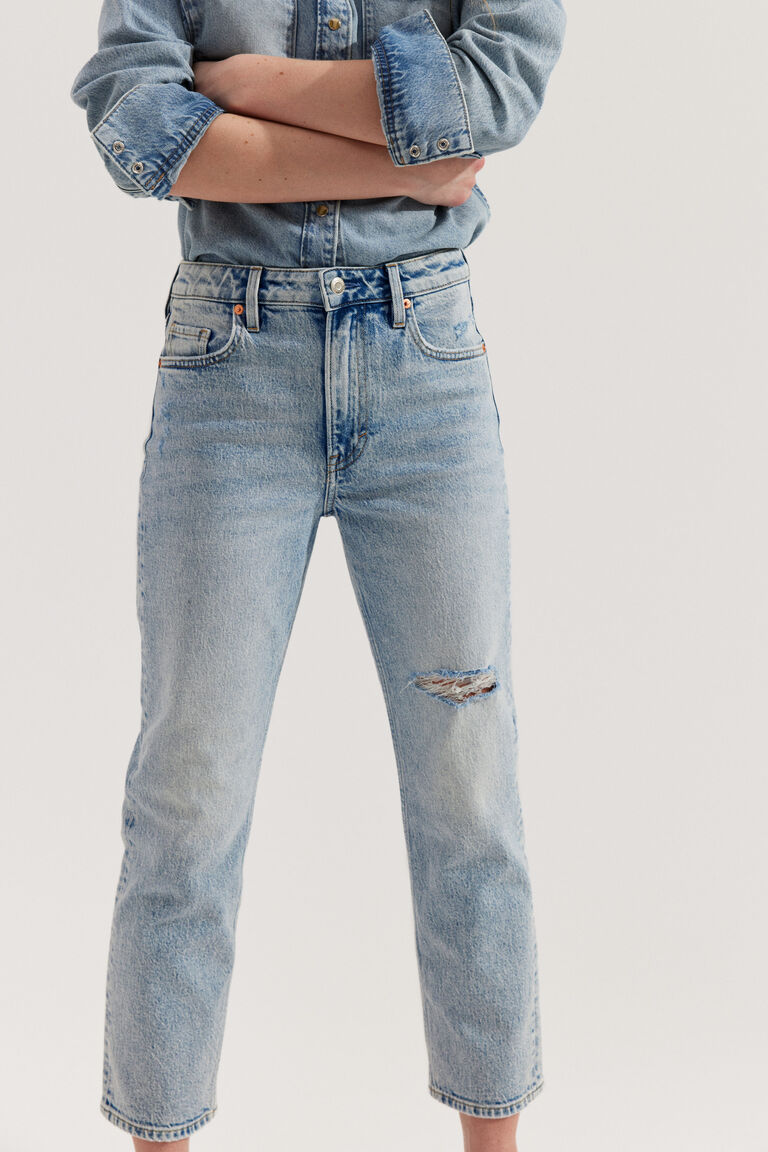 High Rise Distressed Hem Ankle Slim Straight Jeans