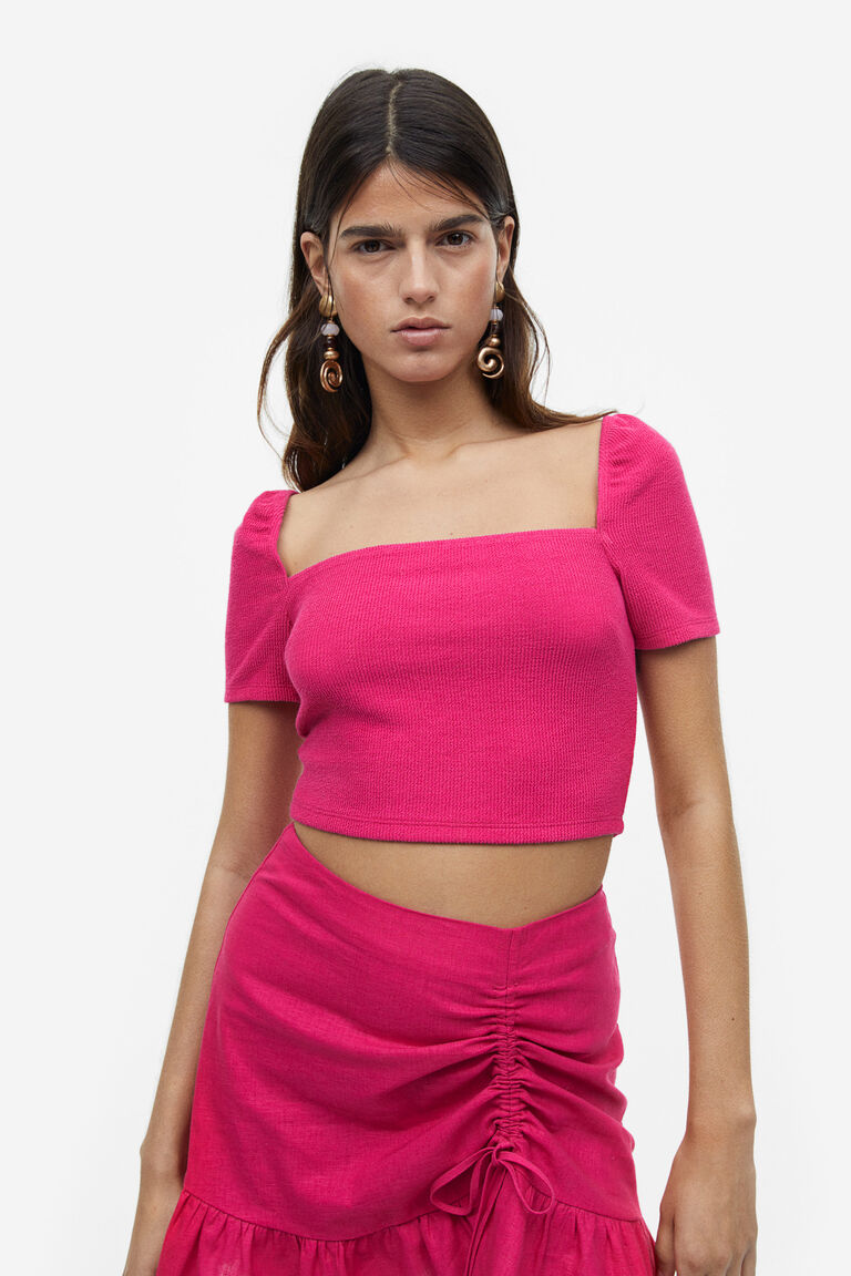Lipstick Jacquard Puff Sleeve Square Neck Cropped Top
