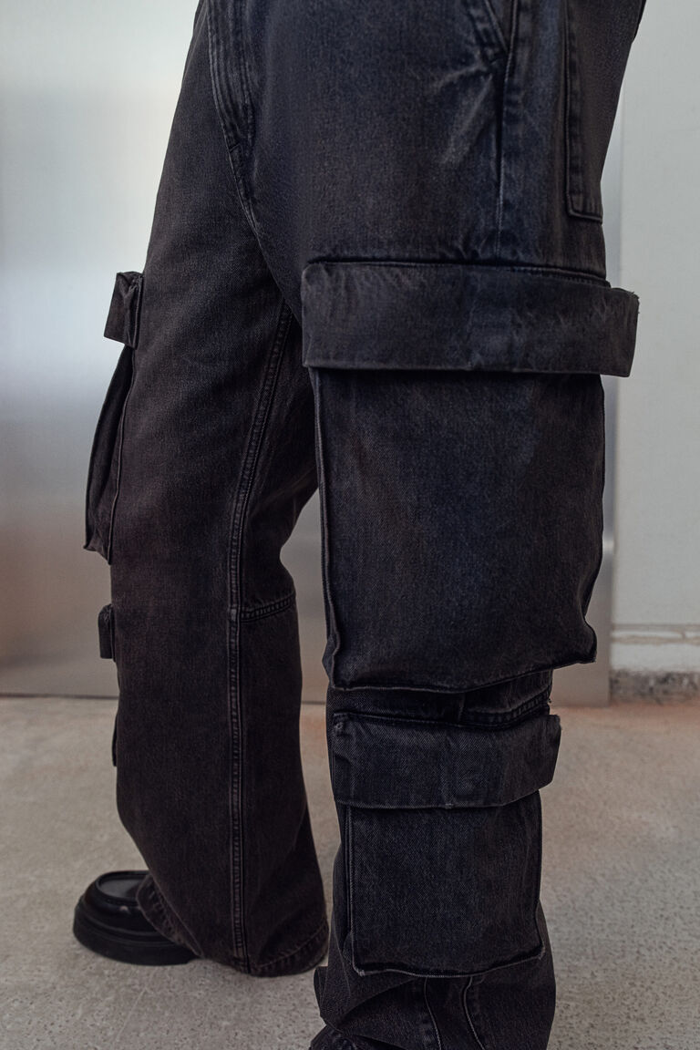 【Anyone more】Worry Cargo Black Denim Bootcut Pants Generic Bootcut Cargo Jeans for Women Straight Leg Wide Leg