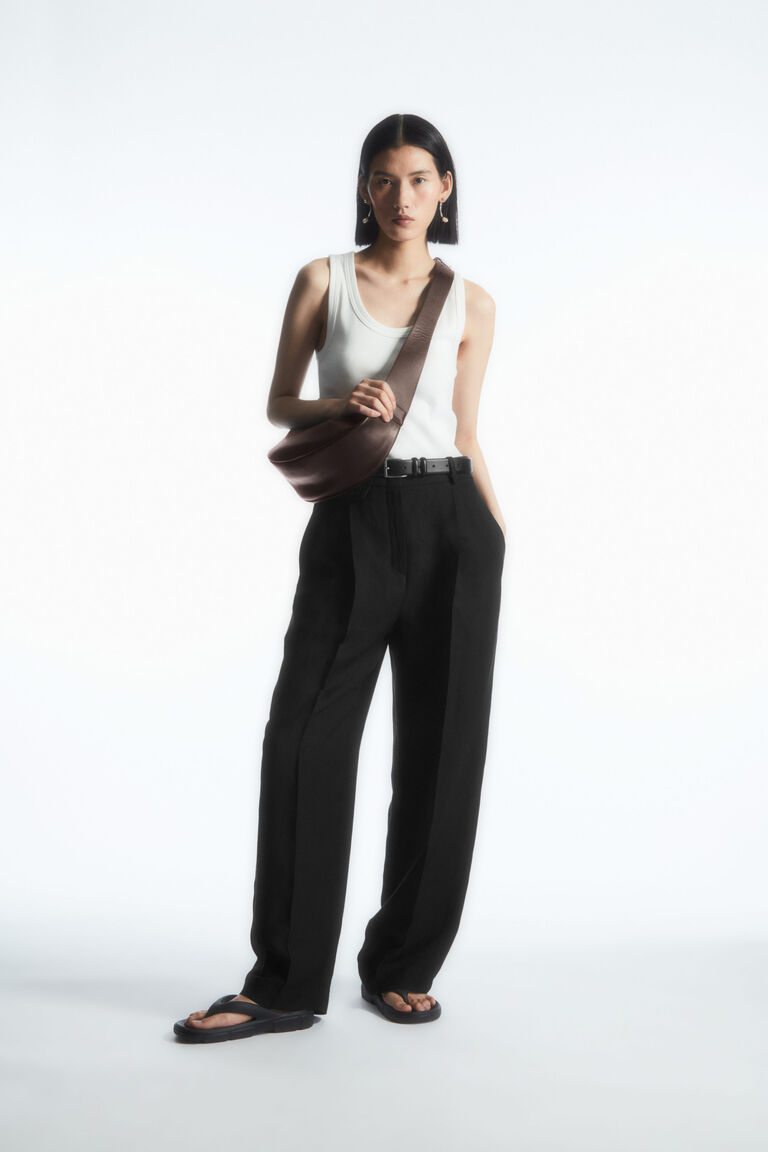 WIDE-LEG PLEATED LINEN-BLEND TROUSERS