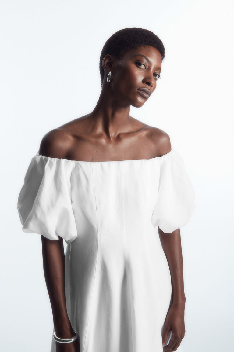 OFF-THE-SHOULDER PUFF-SLEEVE MIDI DRESS