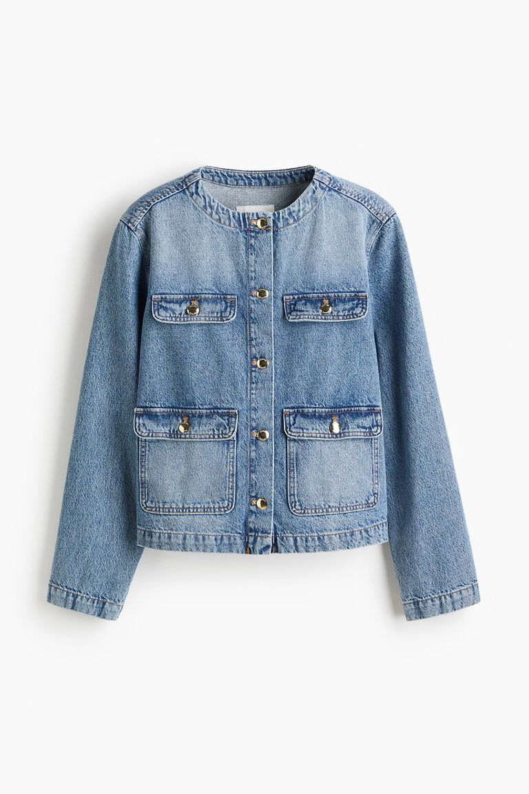 Collarless denim jacket