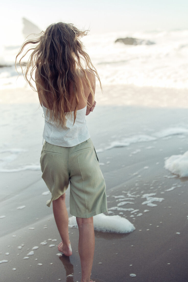 Linen & Cotton Lace Trim Tie-Front Shorts Set