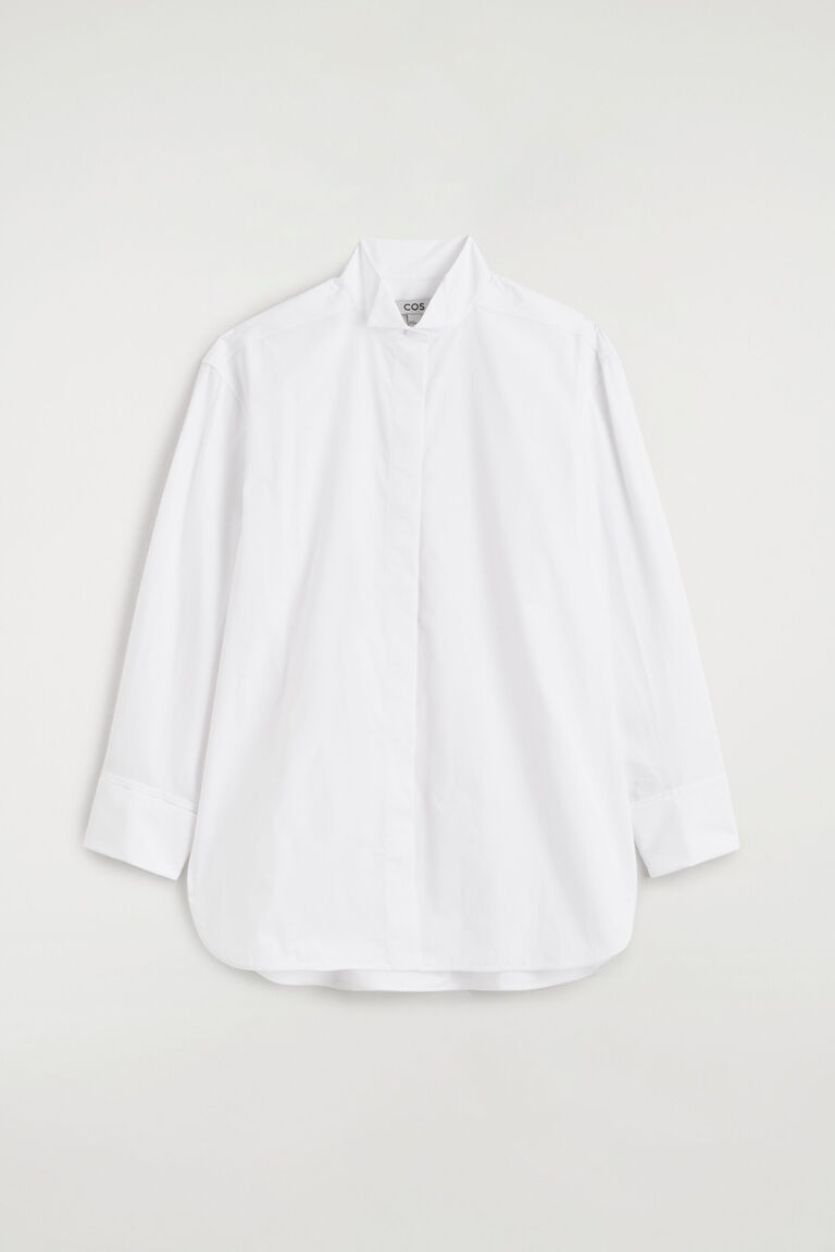 เสื้อเชิ้ตผ้าฝ้ายดีไซน์คอปีกสไตล์ทักซิโด้