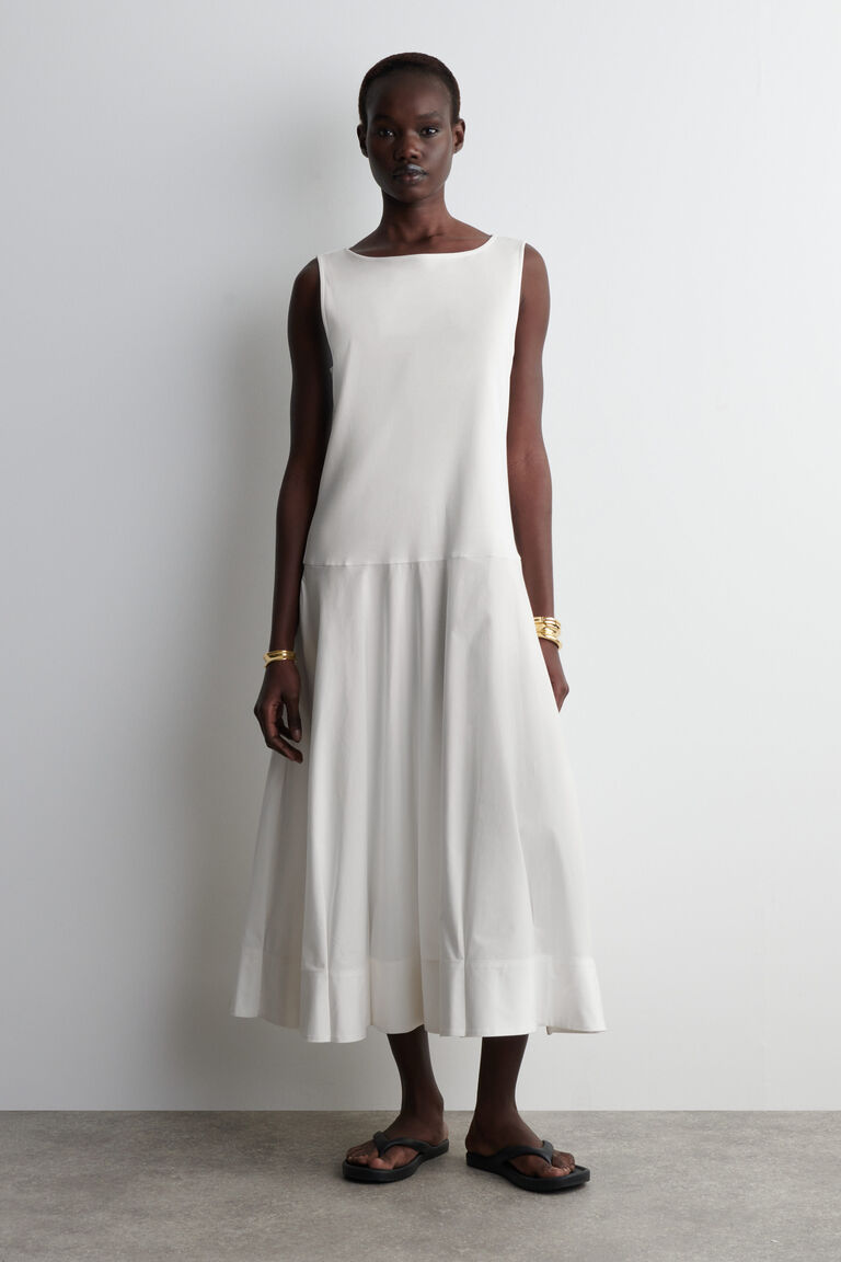 BOAT-NECK COTTON A-LINE MIDI DRESS