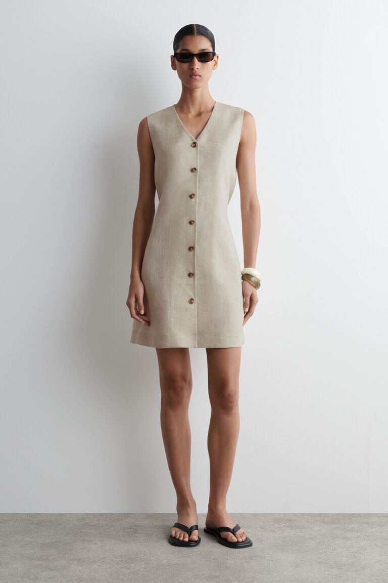BUTTONED LINEN MINI DRESS