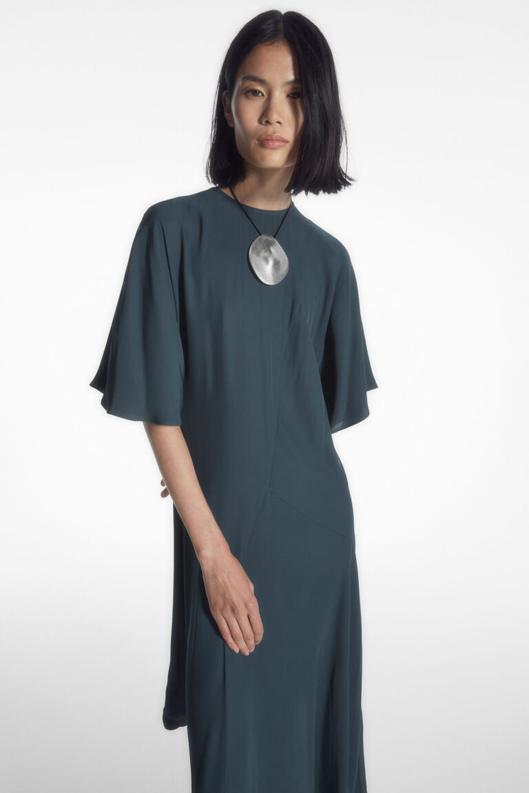 ASYMMETRIC DRAPED MIDI DRESS