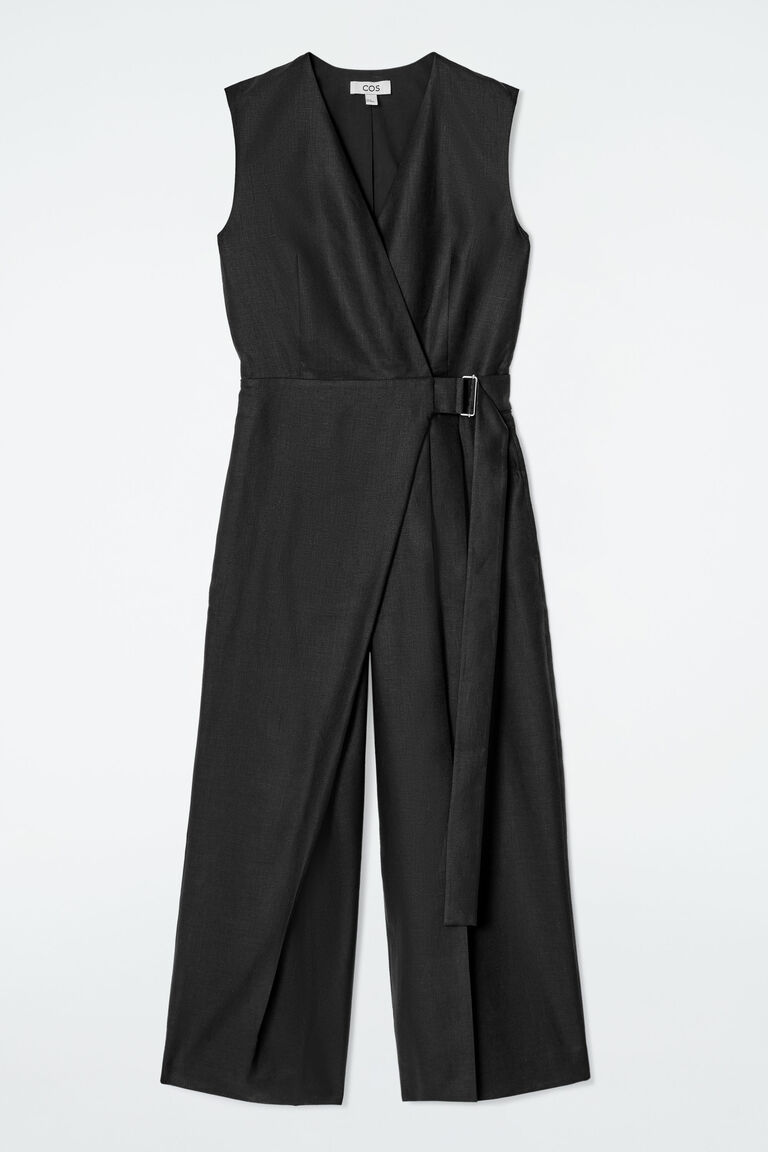 WRAP-FRONT LINEN JUMPSUIT