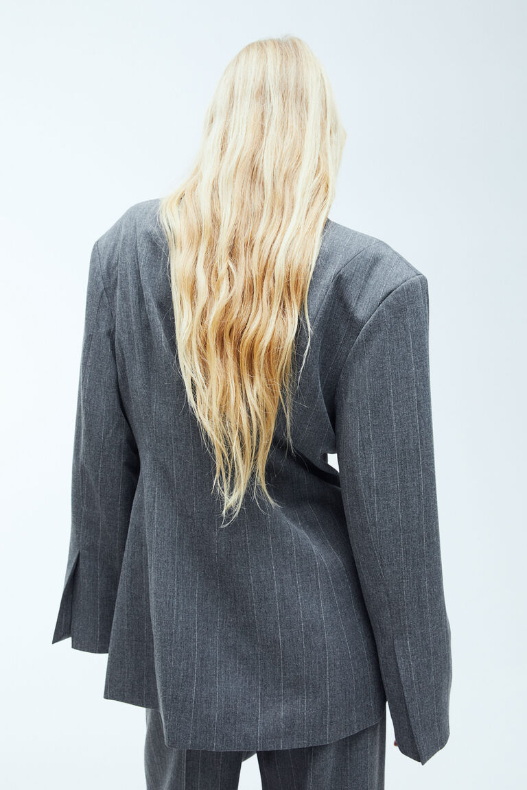 Double-Breasted Blazer with Floral Detail - Gray